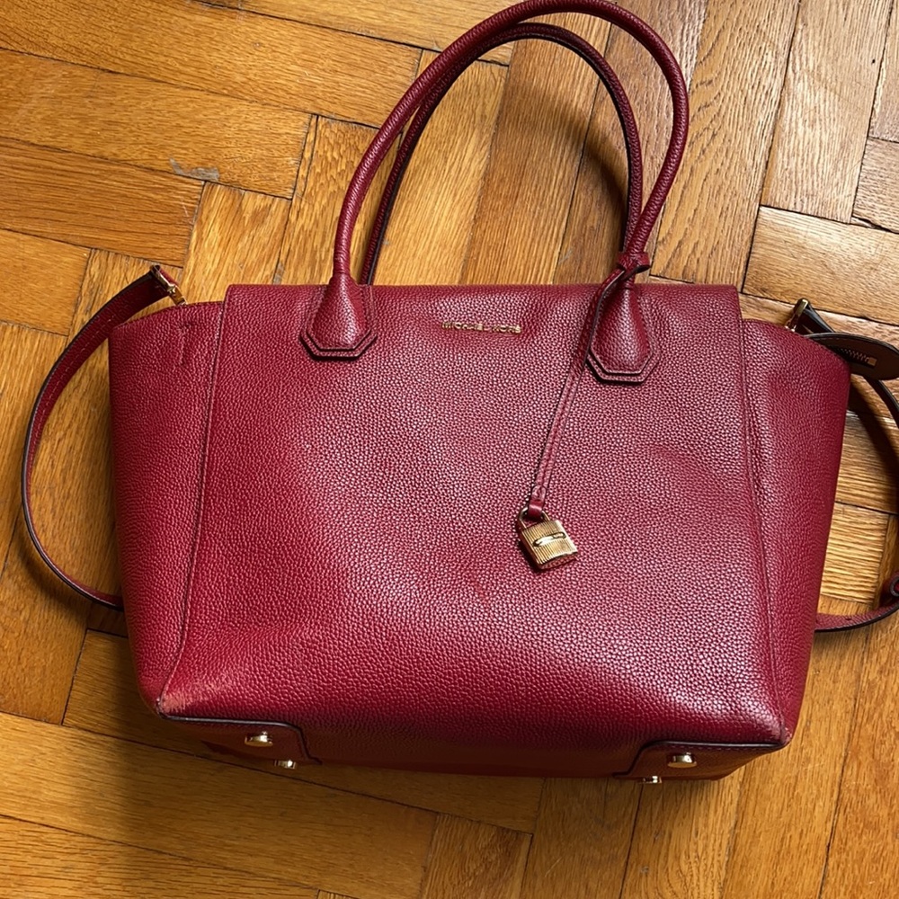 MICHAEL Michael Kors Mercer Large Leather Satchel Cherry Red - Picture 2 of 13